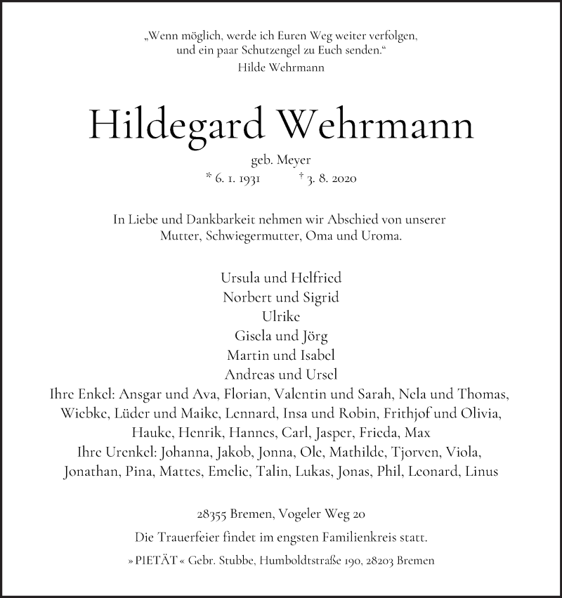 Traueranzeige von Hildegard Wehrmann von WESER-KURIER