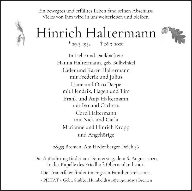 Traueranzeige von Hinrich Haltermann von WESER-KURIER