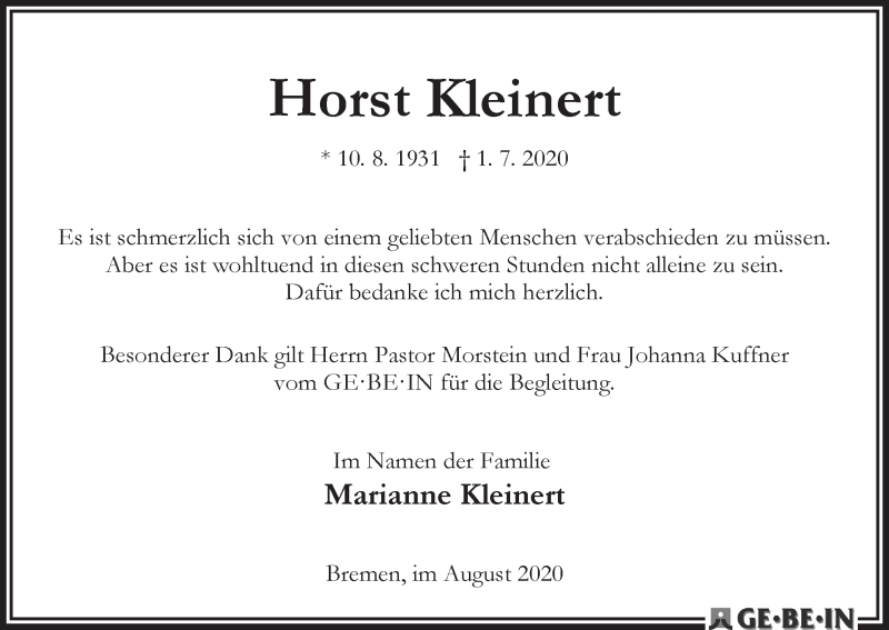 Traueranzeige von Horst Kleinert von WESER-KURIER