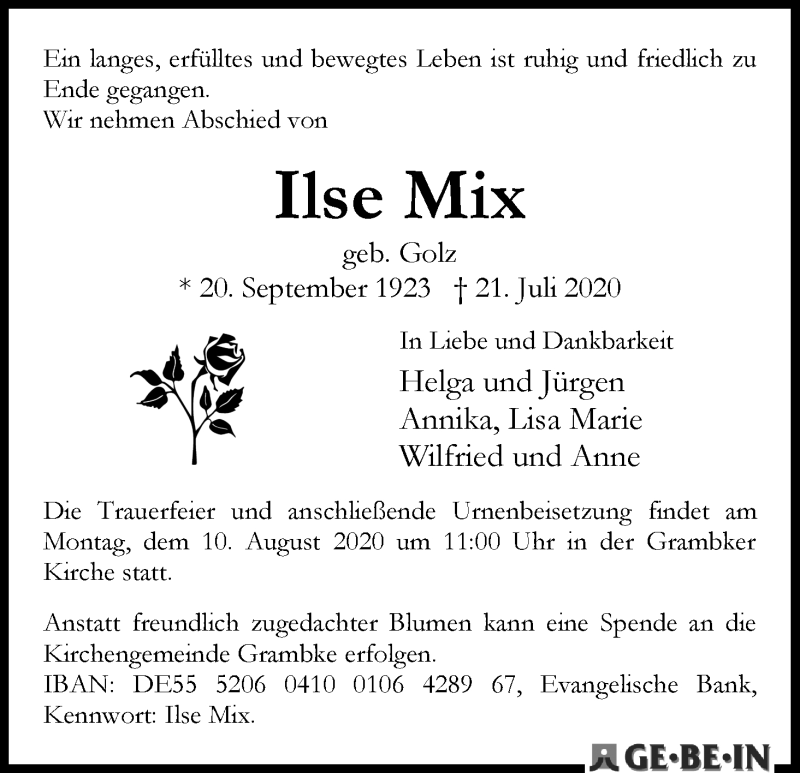 Traueranzeige von Ilse Mix von WESER-KURIER
