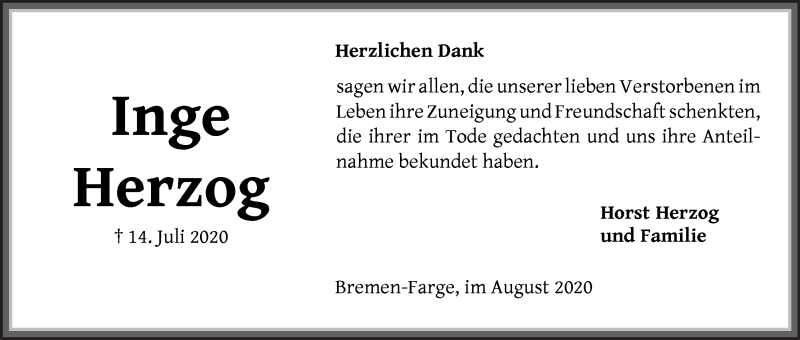 Traueranzeige von Inge Herzog von Die Norddeutsche