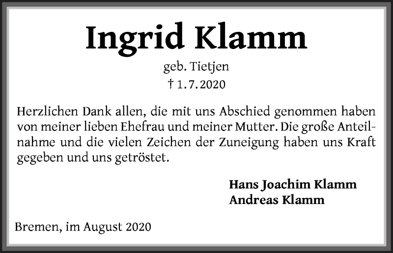 Traueranzeige von Ingrid Klamm von Die Norddeutsche
