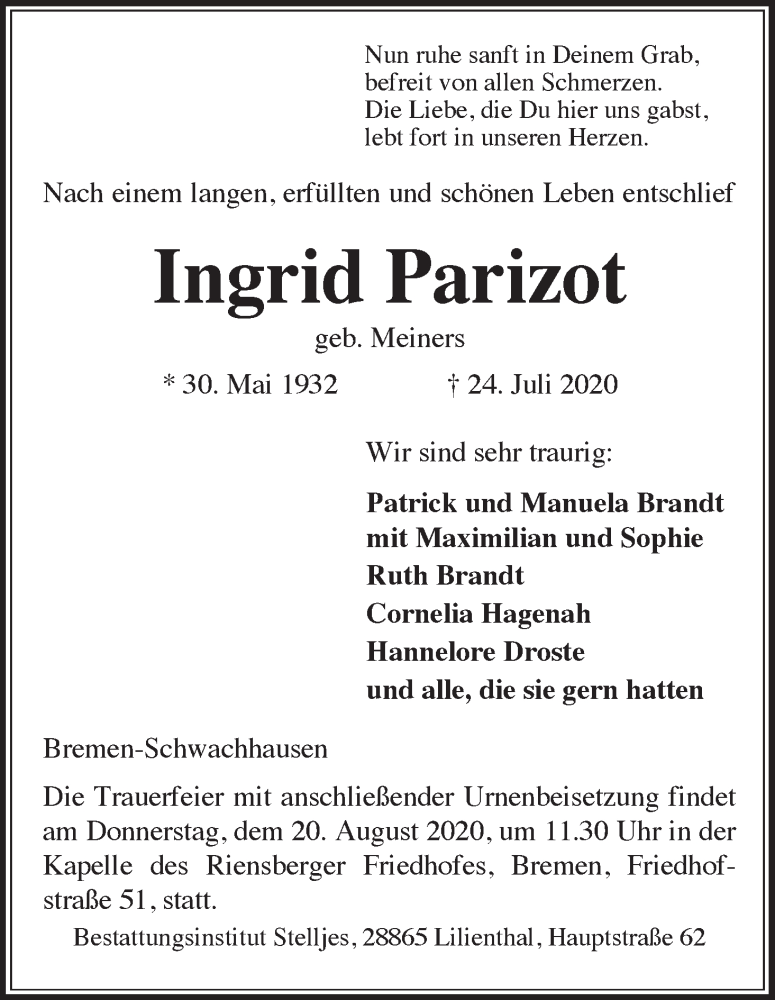 Traueranzeige von Ingrid Parizot von WESER-KURIER