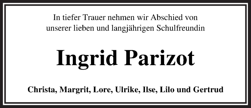 Traueranzeige von Ingrid Parizot von WESER-KURIER