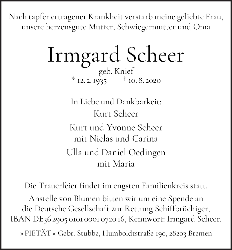 Traueranzeige von Irmgard Scheer von WESER-KURIER