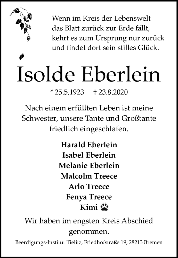 Traueranzeige von Isolde Eberlein von WESER-KURIER