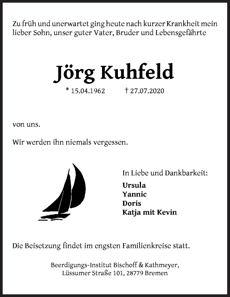 Traueranzeige von Jörg Kuhfeld von Die Norddeutsche