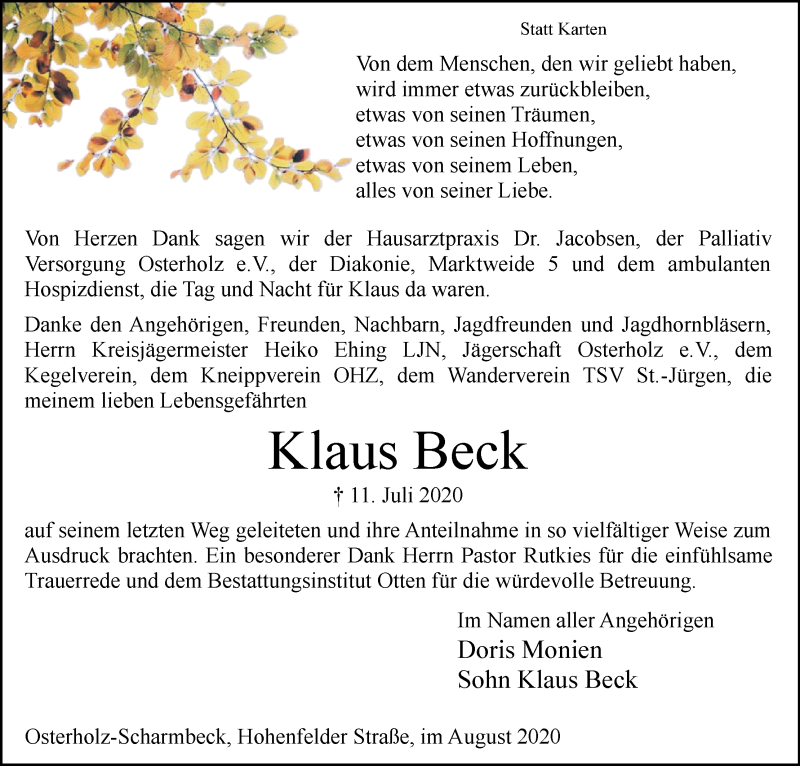 Traueranzeige von Klaus Beck von Osterholzer Kreisblatt