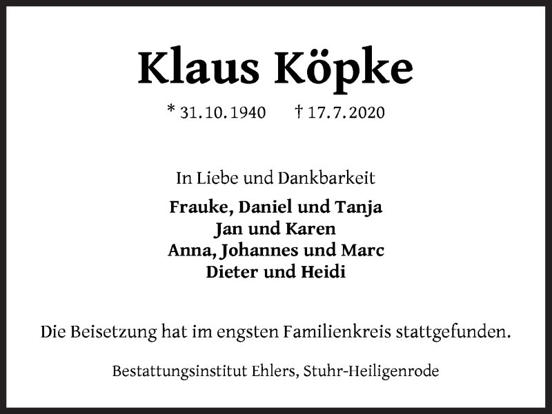 Traueranzeige von Klaus Köpke von WESER-KURIER