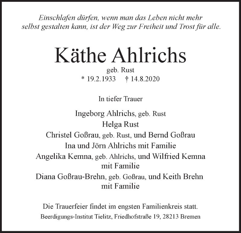 Traueranzeige von Käthe Ahlrichs von WESER-KURIER