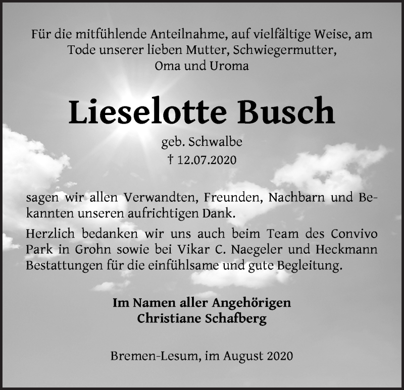 Traueranzeige von Lieselotte Busch von Die Norddeutsche