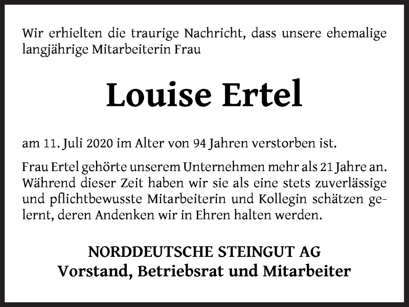 Traueranzeige von Louise Ertel von Die Norddeutsche