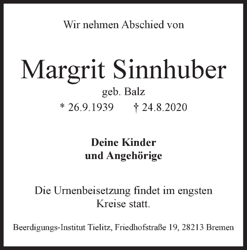 Traueranzeige von Margrit Sinnhuber von WESER-KURIER