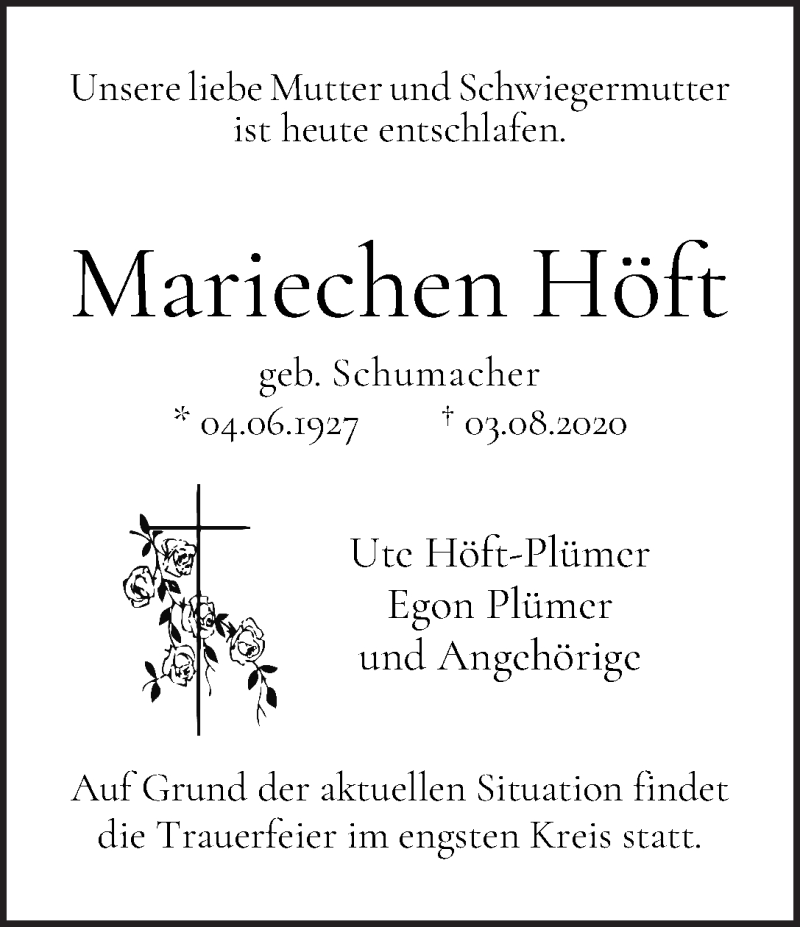 Traueranzeige von Mariechen Höft von WESER-KURIER
