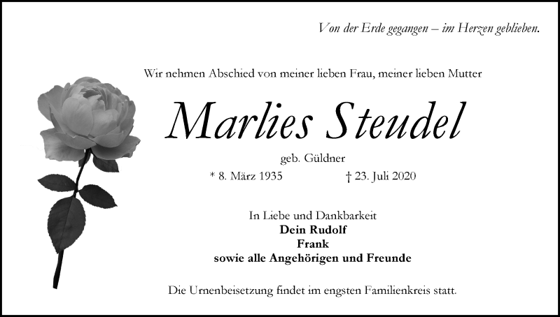 Traueranzeige von Marlies Steudel von WESER-KURIER
