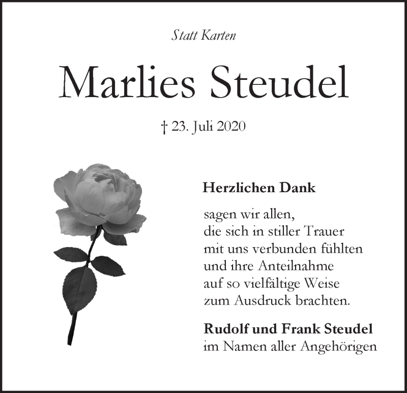 Traueranzeige von Marlies Steudel von WESER-KURIER
