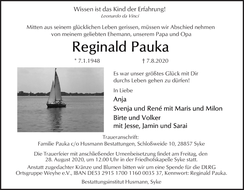 Traueranzeige von Reginals Pauka von WESER-KURIER