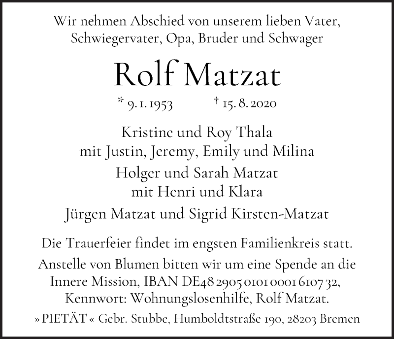 Traueranzeige von Rolf Matzat von WESER-KURIER