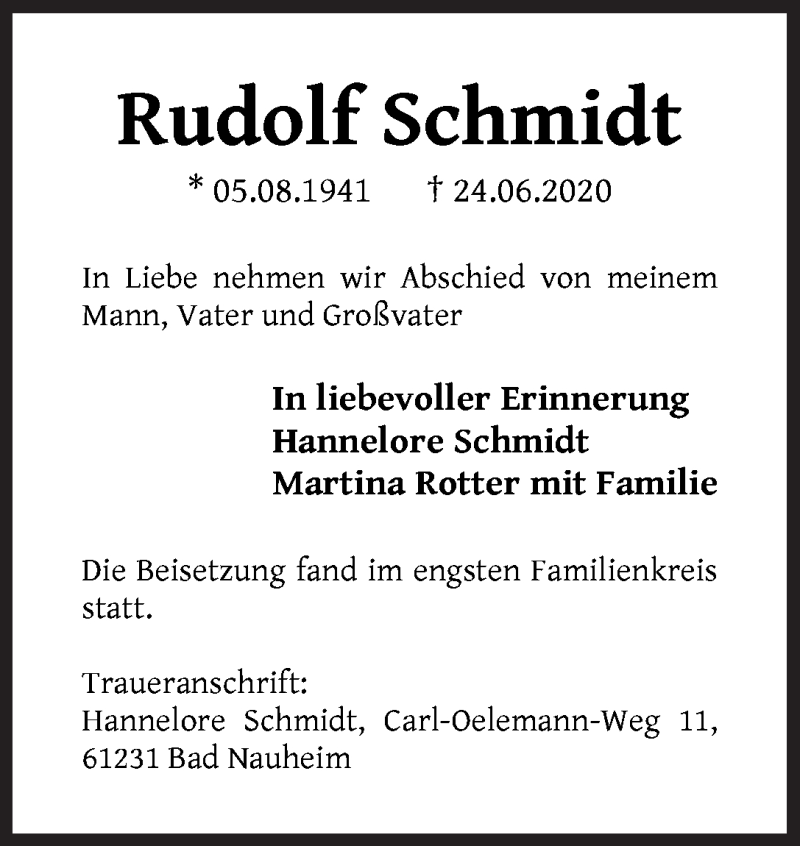 Traueranzeige von Rudolf Schmidt von WESER-KURIER