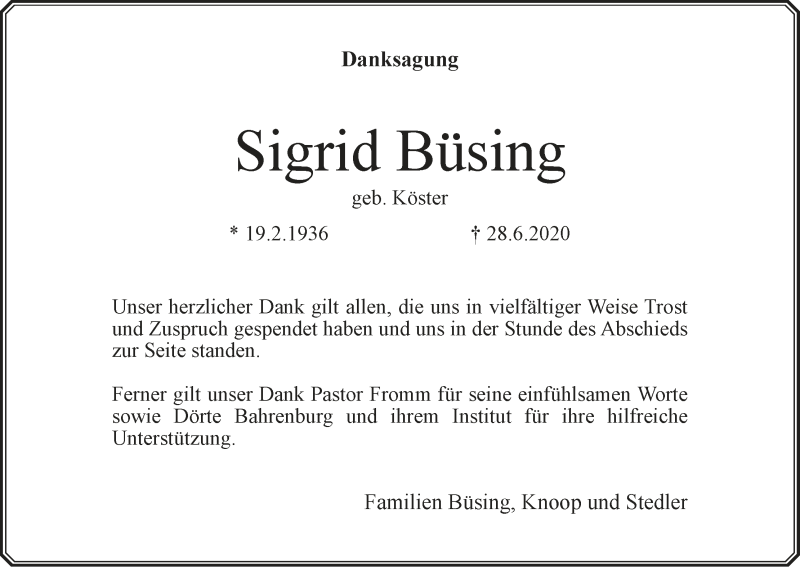 Traueranzeige von Sigrid Büsing von Wuemme Zeitung