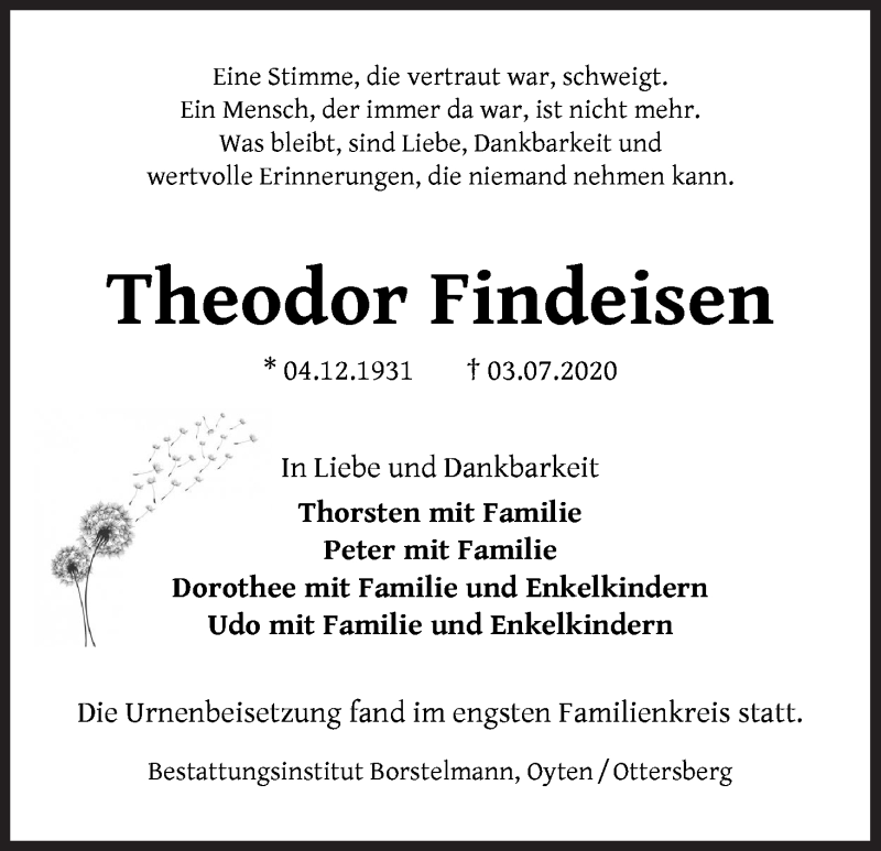Traueranzeige von Theodor Findeisen von Achimer Kurier/Verdener Nachrichten