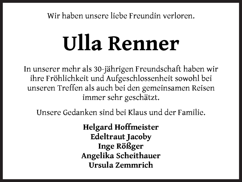 Traueranzeige von Ulla Renner von WESER-KURIER
