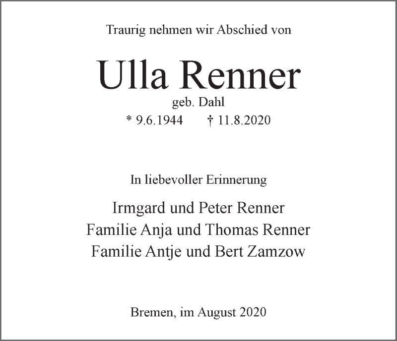Traueranzeige von Ulla Renner von WESER-KURIER