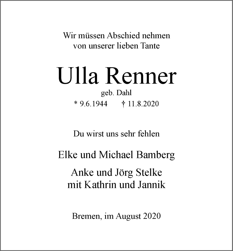 Traueranzeige von Ulla Renner von WESER-KURIER