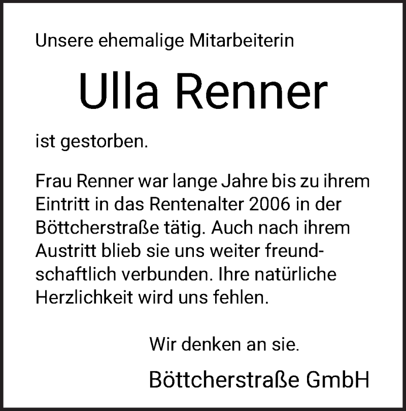 Traueranzeige von Ulla Renner von WESER-KURIER