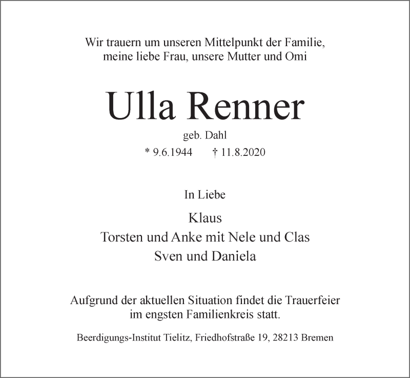 Traueranzeige von Ulla Renner von WESER-KURIER