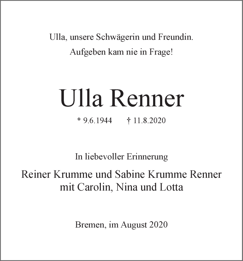 Traueranzeige von Ulla Renner von WESER-KURIER