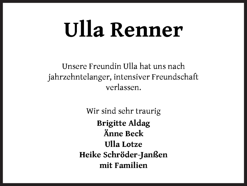 Traueranzeige von Ulla Renner von WESER-KURIER