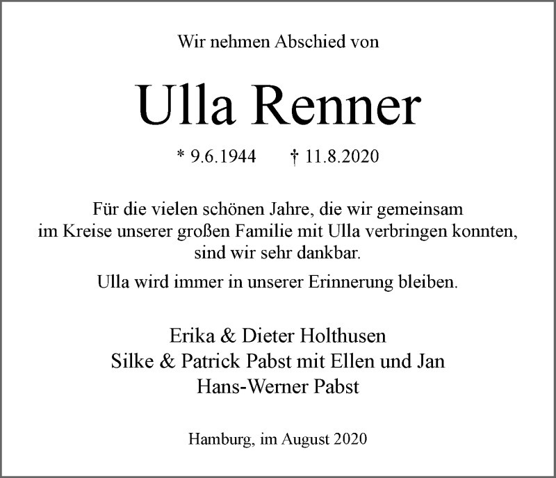 Traueranzeige von Ulla Renner von WESER-KURIER