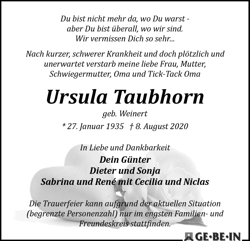 Traueranzeige von Ursula Taubhorn von WESER-KURIER