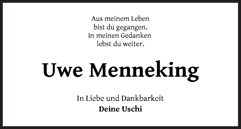 Traueranzeige von Uwe Menneking von Die Norddeutsche