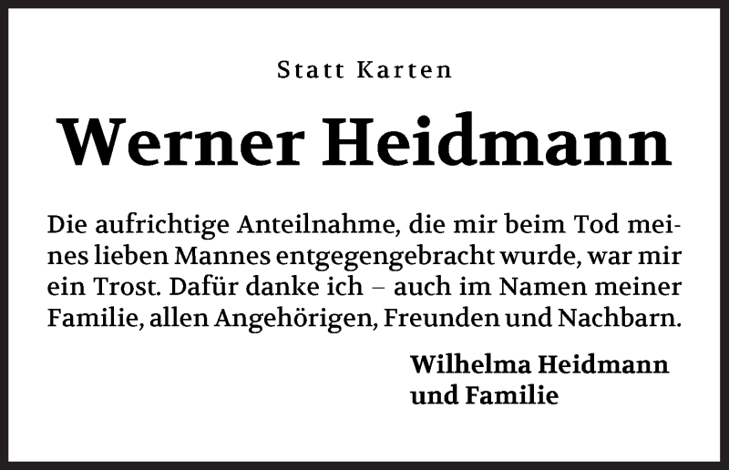 Traueranzeige von Werner Heidmann von Die Norddeutsche
