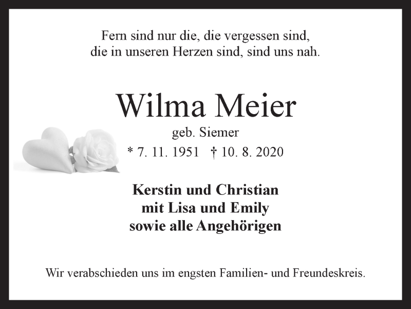 Traueranzeige von Wilma Meier von WESER-KURIER