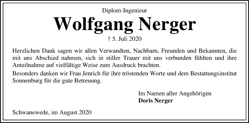 Traueranzeige von Wolfgang Nerger von Die Norddeutsche