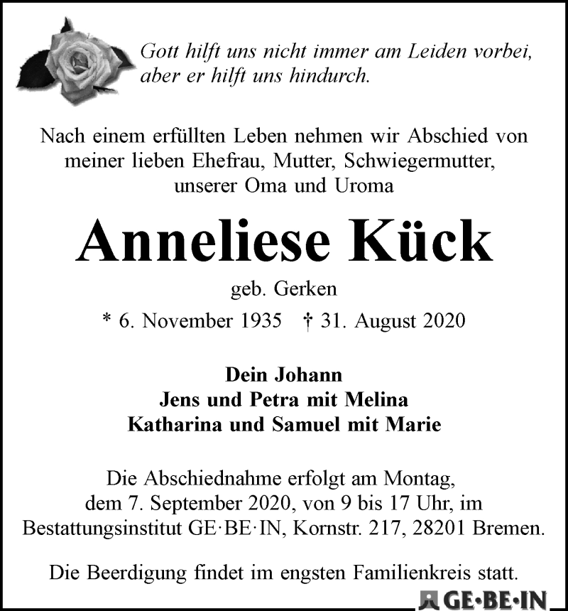 Traueranzeige von Anneliese Kück von WESER-KURIER