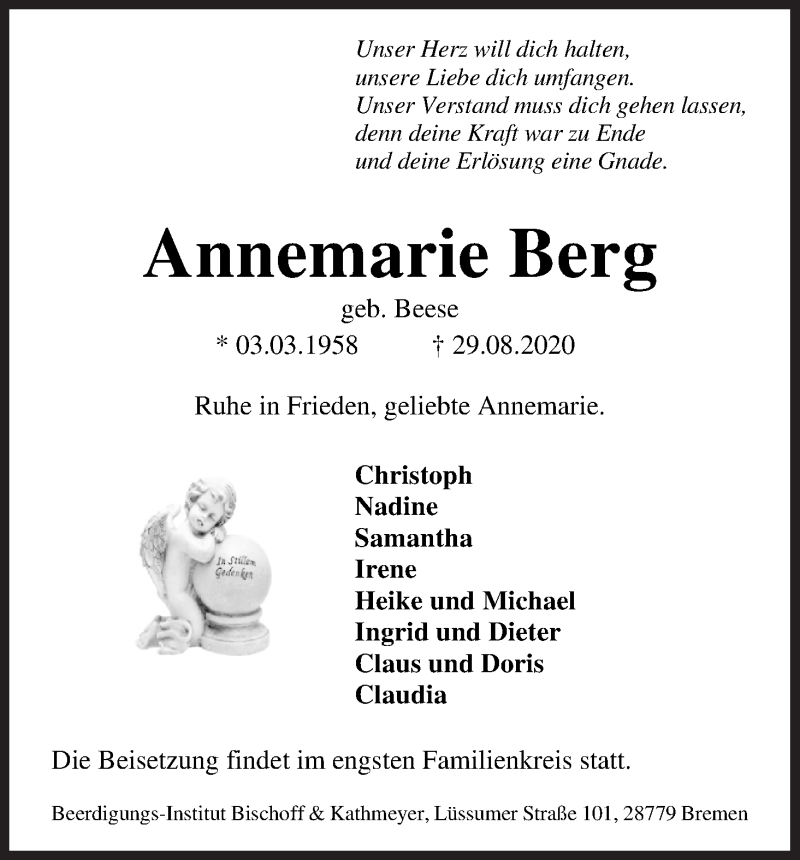 Traueranzeige von Annemarie Berg von Die Norddeutsche