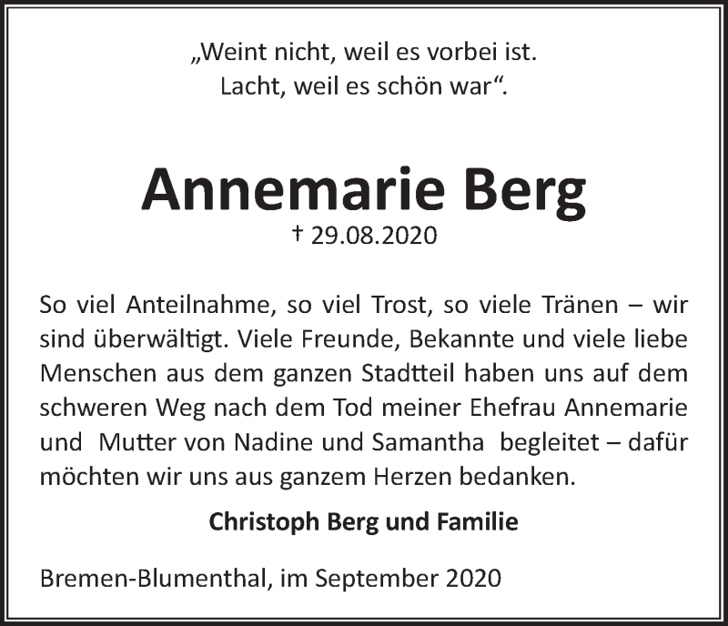 Traueranzeige von Annemarie Berg von Die Norddeutsche