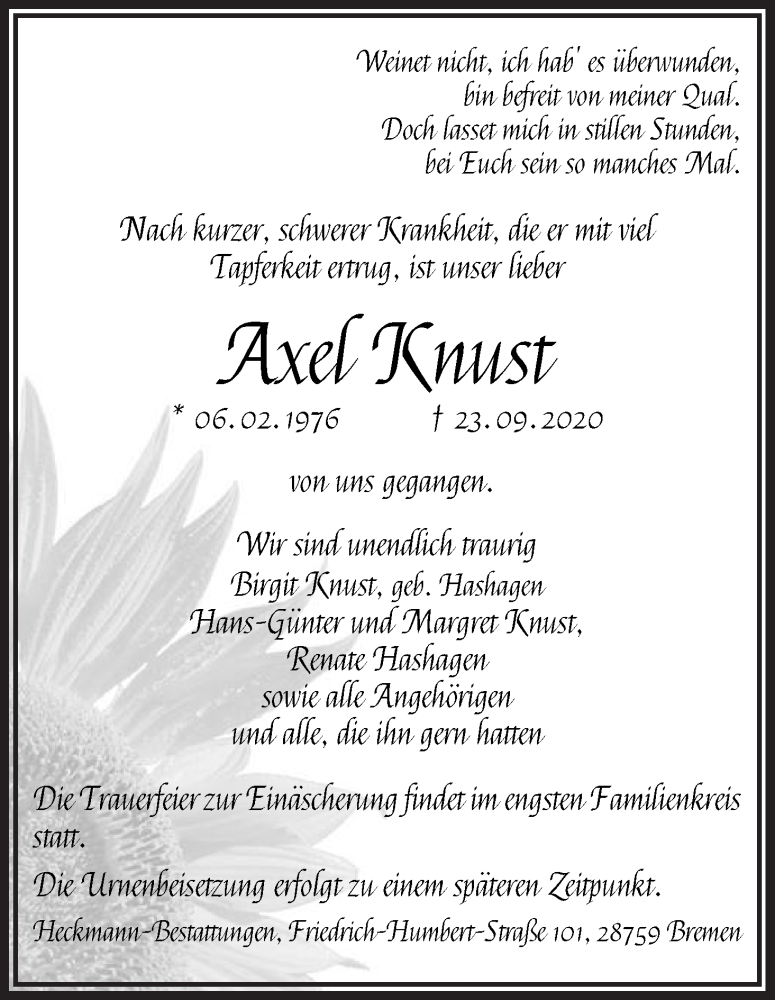 Traueranzeige von Axel Knust von WESER-KURIER