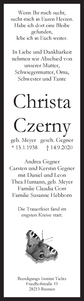 Traueranzeige von Christa Czerny von WESER-KURIER