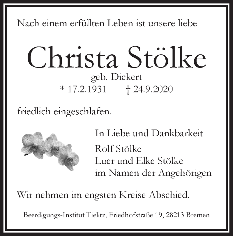 Traueranzeige von Christa Stölke von WESER-KURIER