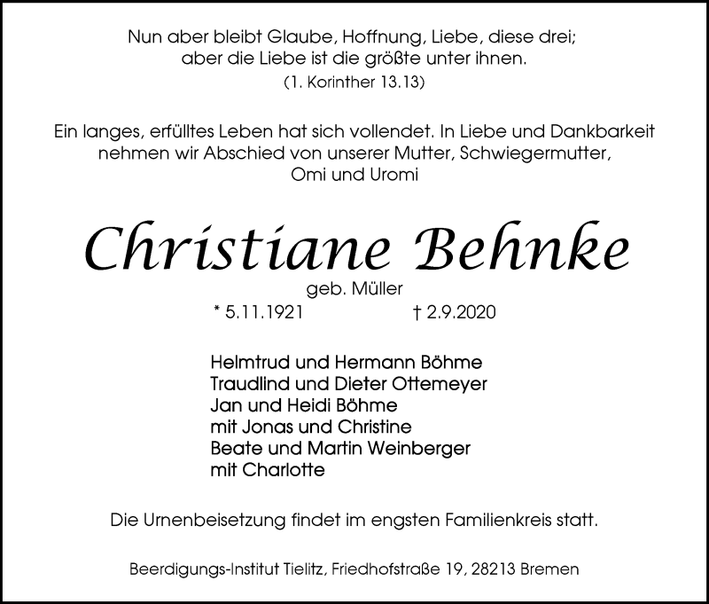 Traueranzeige von Christiane Behnke von WESER-KURIER
