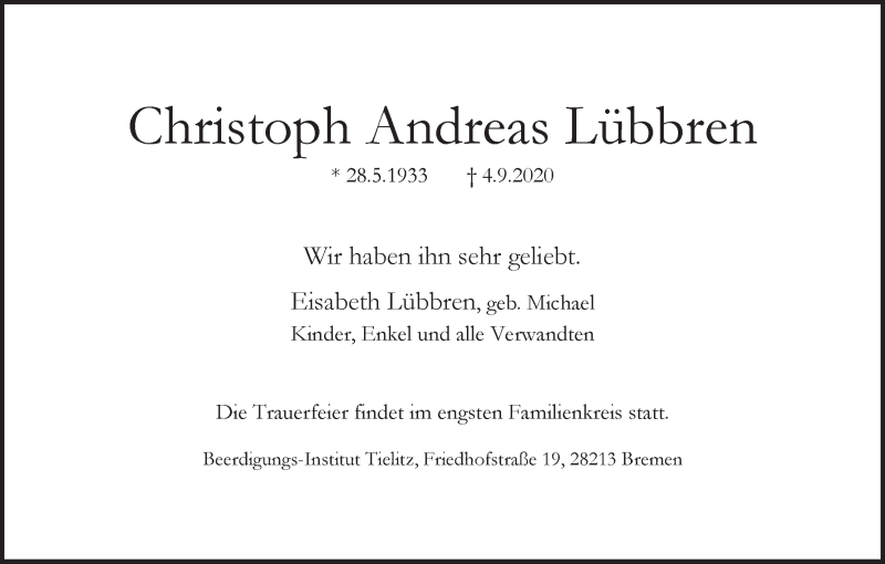 Traueranzeige von Christoph Andreas Lübbren von WESER-KURIER