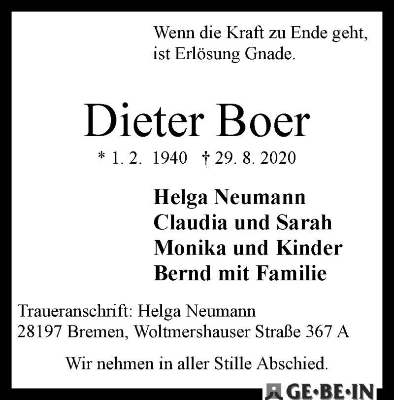Traueranzeige von Dieter Boer von WESER-KURIER