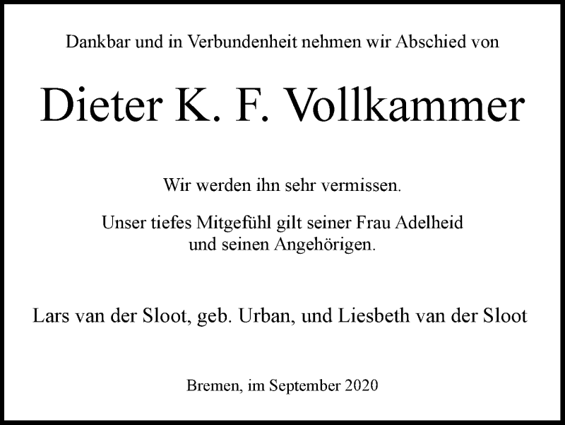 Traueranzeige von Dieter K. F. Vollkammer von WESER-KURIER