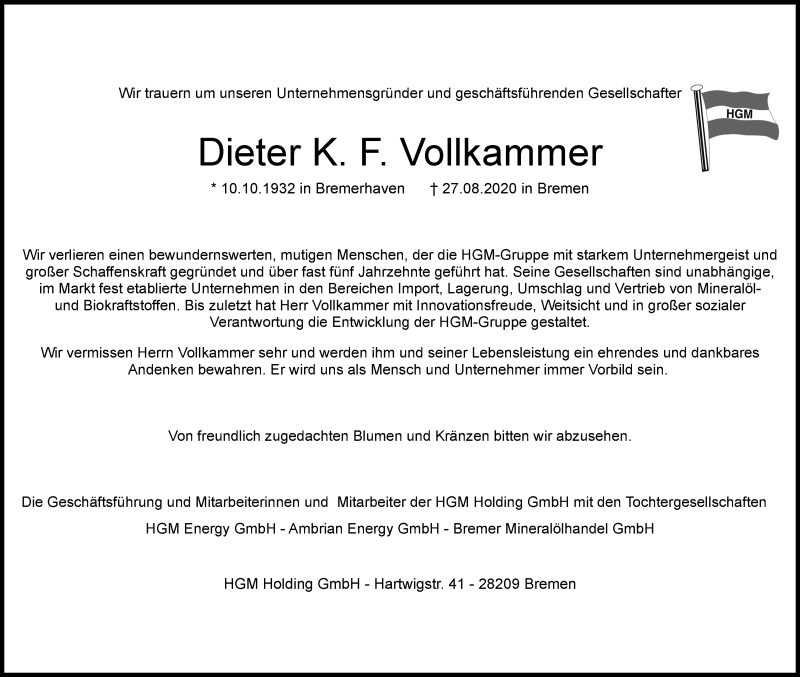 Traueranzeige von Dieter K.F.  Vollkammer von WESER-KURIER