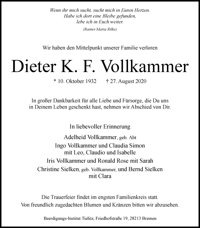 Traueranzeige von Dieter K. F. Vollkammer von WESER-KURIER